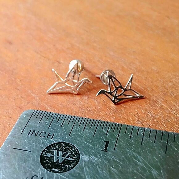 Dainty Minimalist Silver Origami Bird Stud Earrings - Picture 3 of 3
